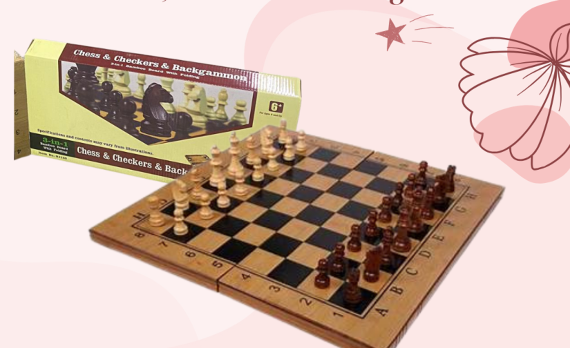 3-in-1 Bamboo Board with Folding Chess, Checkers & Backgammon - 16’’ Multipurpose Game Set for Family Fun and Strategy Games