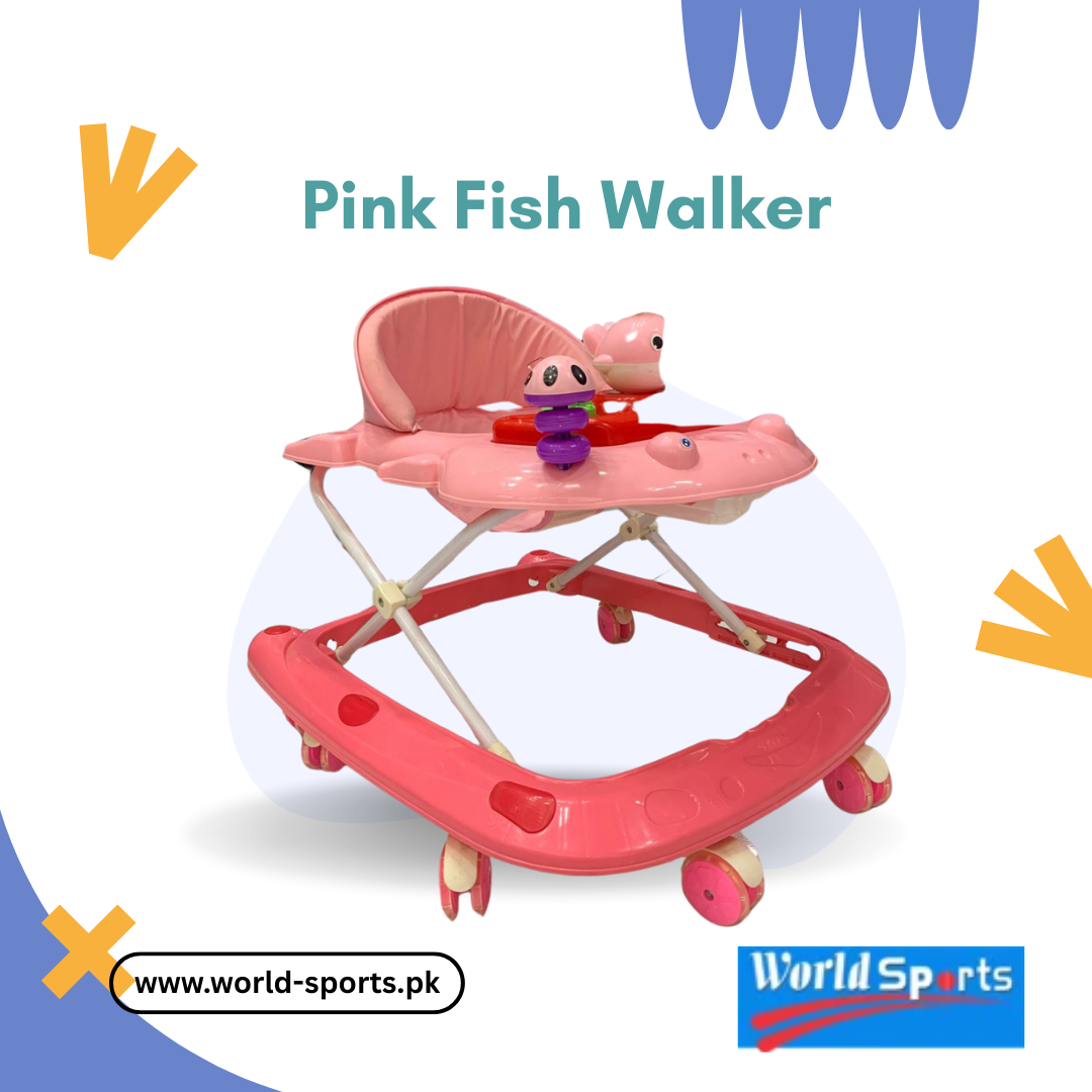 Pink Fish Walker – Adjustable & Foldable Baby Walker with Play Tray & Comfortable Seat