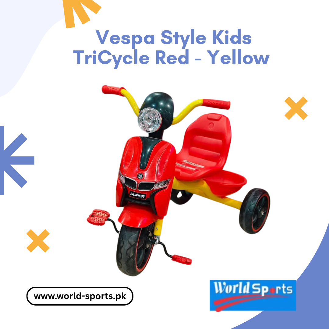 Vespa Style Kids Tricycle Red-Yellow – Stylish & Durable Ride-On Trike with Comfortable Seat & Smooth Wheels